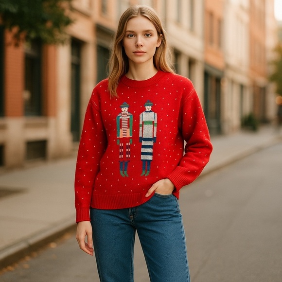 SWEATER LOFT Women’s Size M Red 80’s Red Knit Classic Ladies Graphic Sweater - Picture 1 of 4